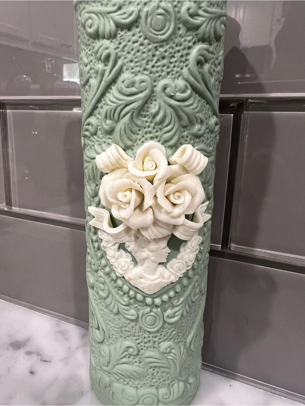 Vintage Jasperware Style Mint Green Ceramic Bud Wall Vase